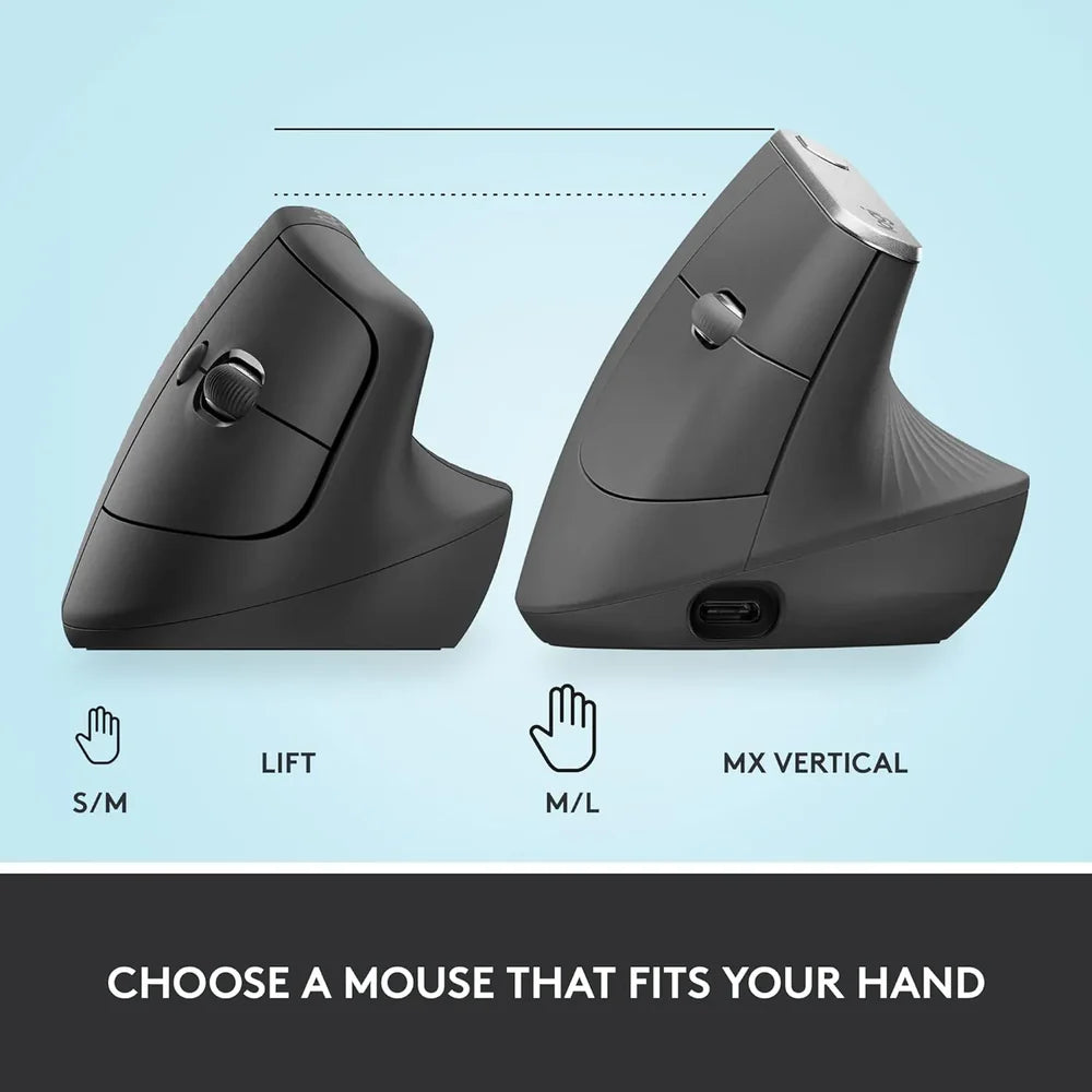 Logitech Lift Vertical Ergonomic Wireless + Bluetooth Mouse