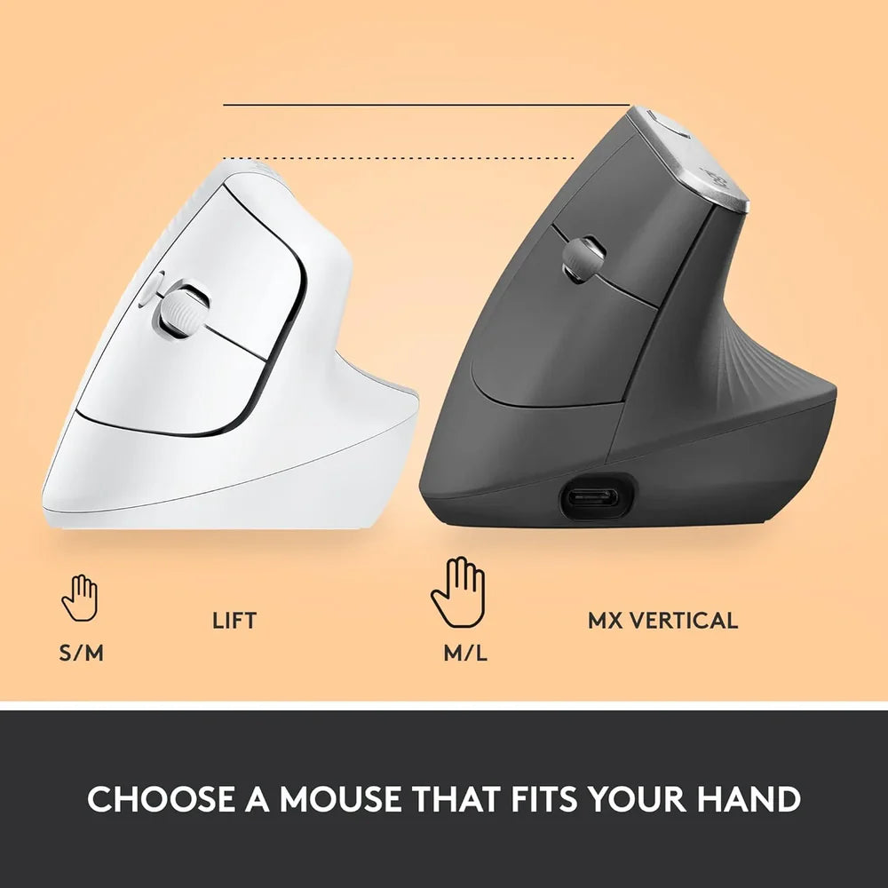 Logitech Lift Vertical Ergonomic Wireless + Bluetooth Mouse