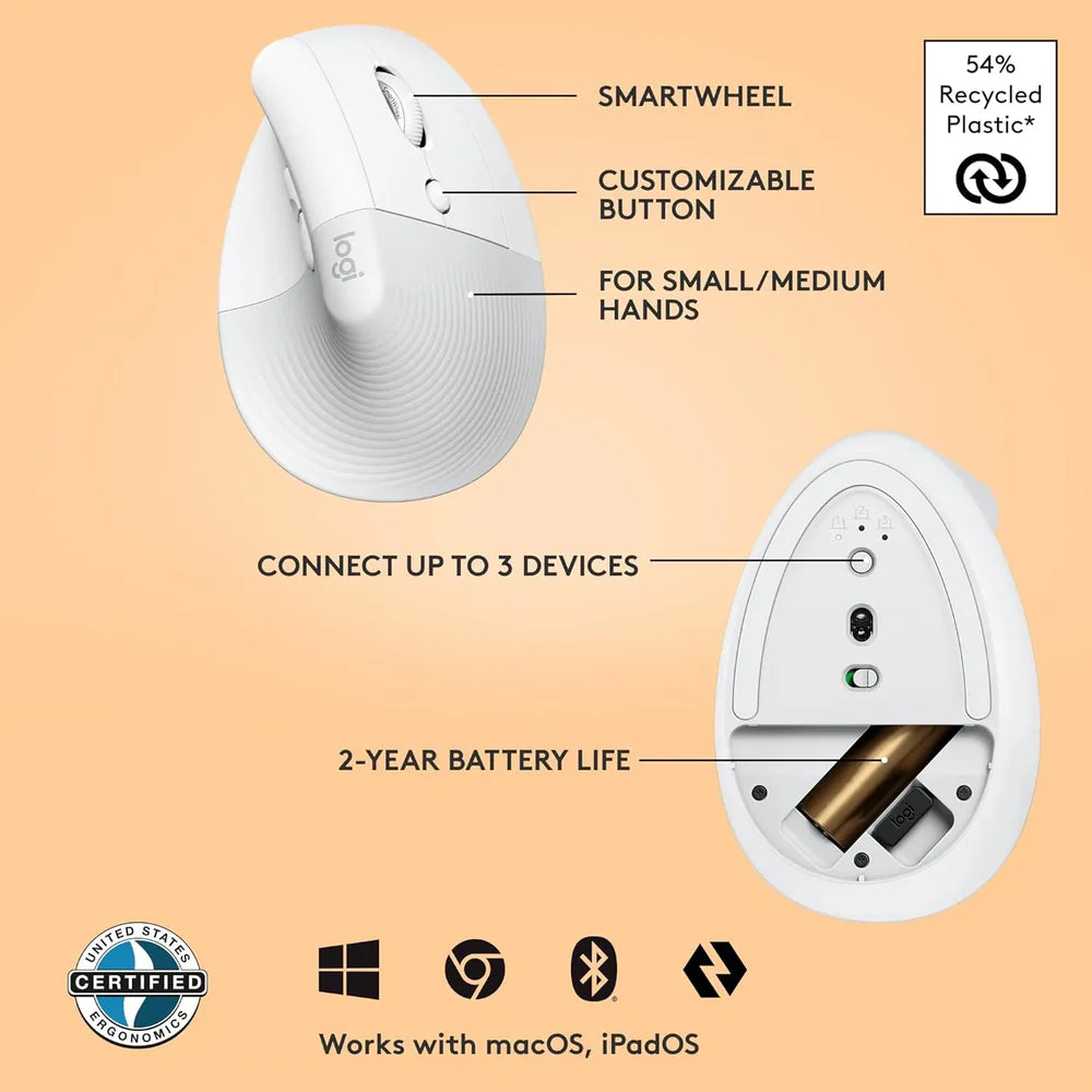 Logitech Lift Vertical Ergonomic Wireless + Bluetooth Mouse