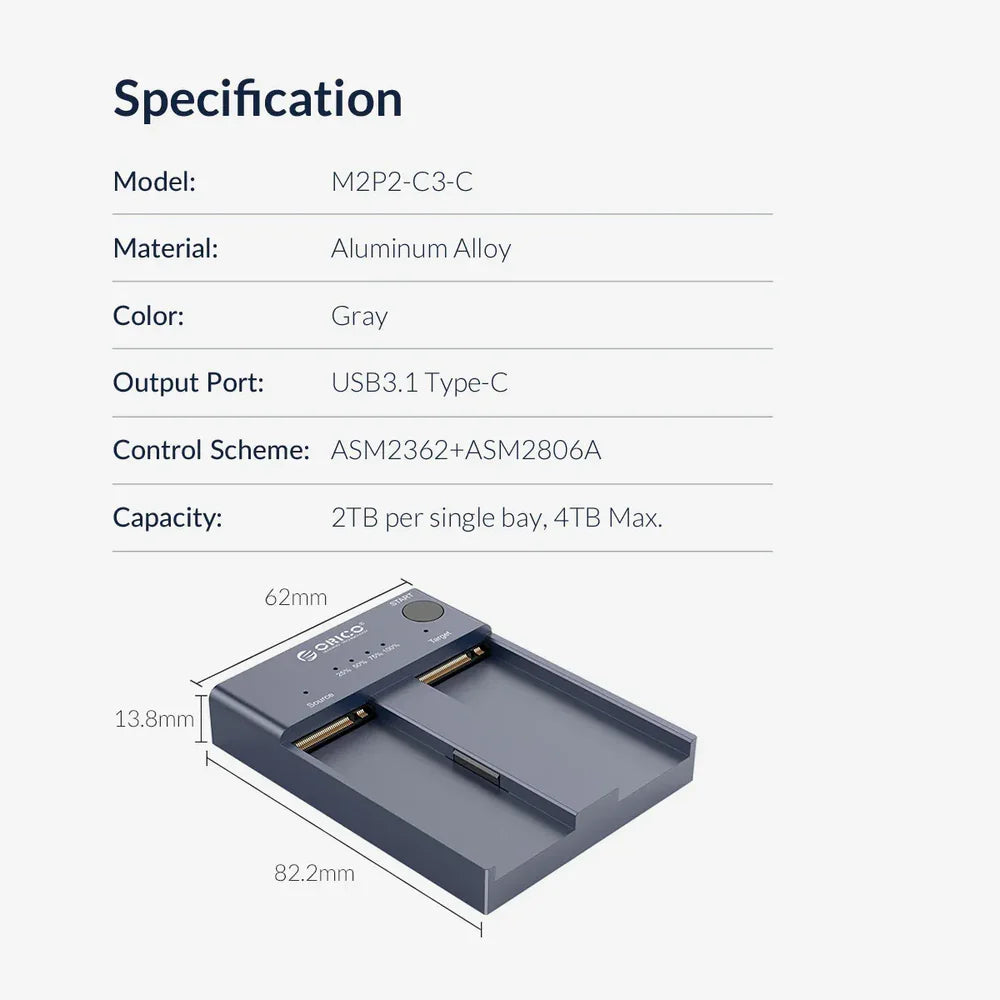 ORICO M2P2-C3-C Dual-Bay M.2 NVMe SSD Duplicator with Offline Clone