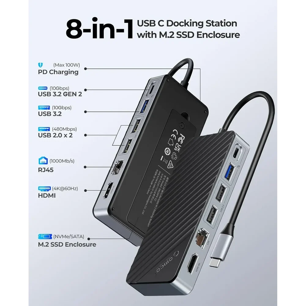 ORICO OM28PR-G2 8-in-1 USB-C Docking Station with M.2 NVMe/SATA Enclosure