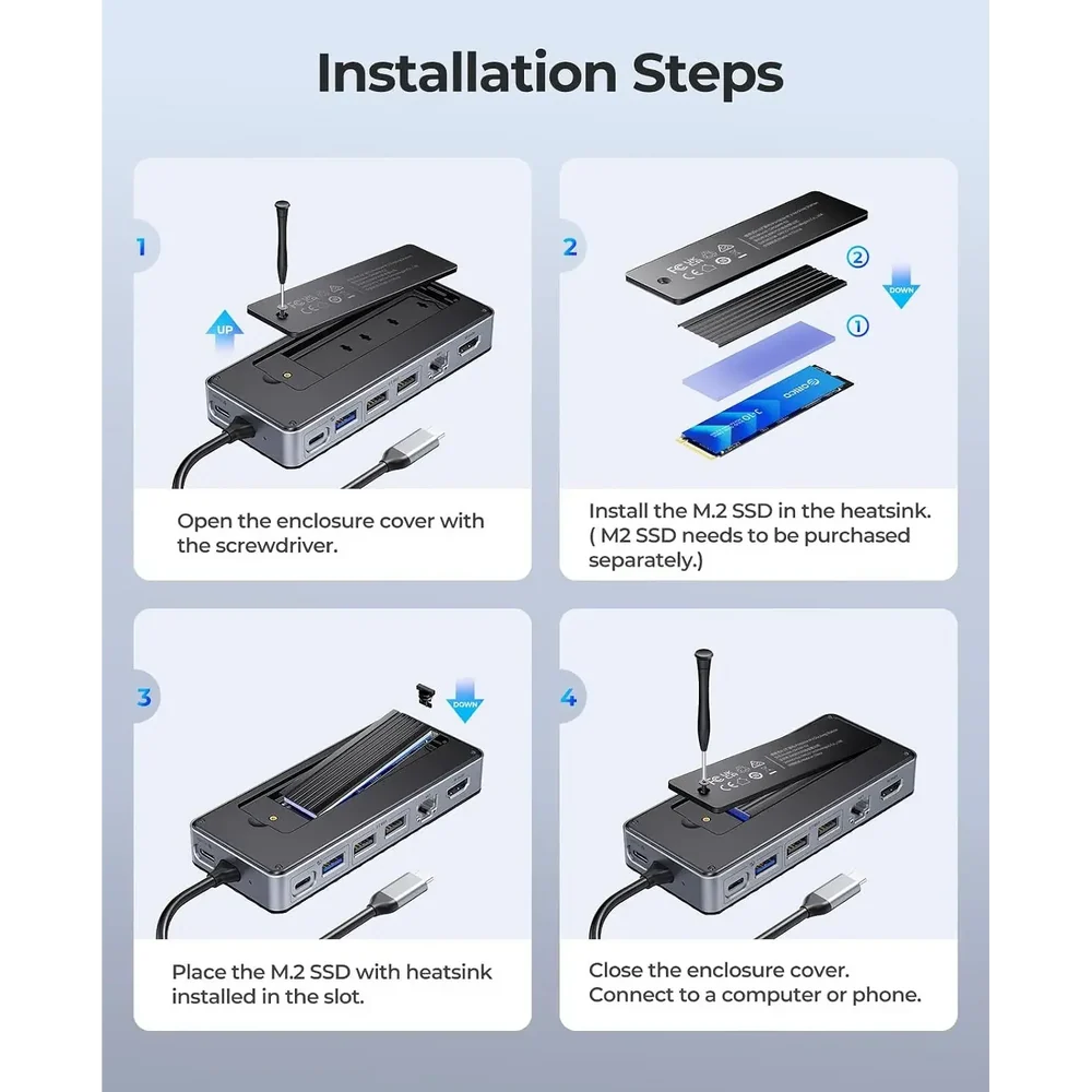 ORICO OM28PR-G2 8-in-1 USB-C Docking Station with M.2 NVMe/SATA Enclosure