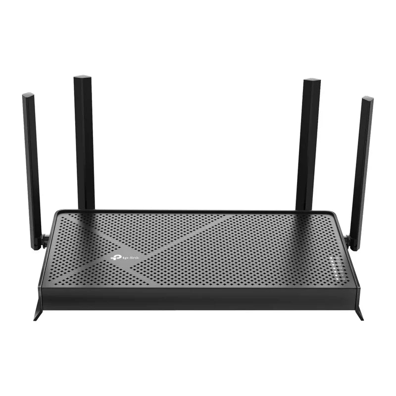 TP-Link Archer BE230 Wi-Fi 7 router front angle with four external antennas