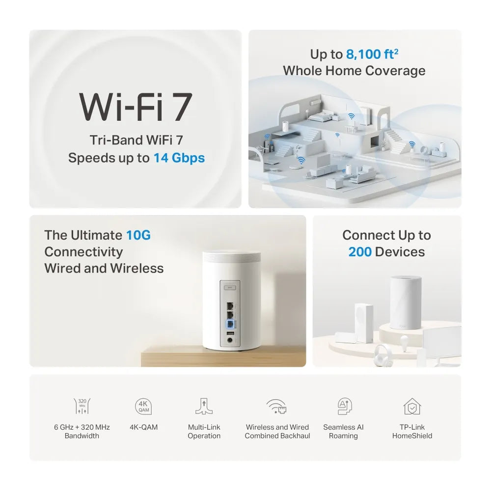 TP-Link Deco BE68 BE14000 Tri-Band Wi-Fi 7 Mesh System (3-Pack)