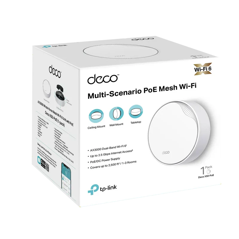 TP-Link Deco X50-PoE AX3000 Whole Home Mesh WiFi 6 System with PoE (1-Pack)