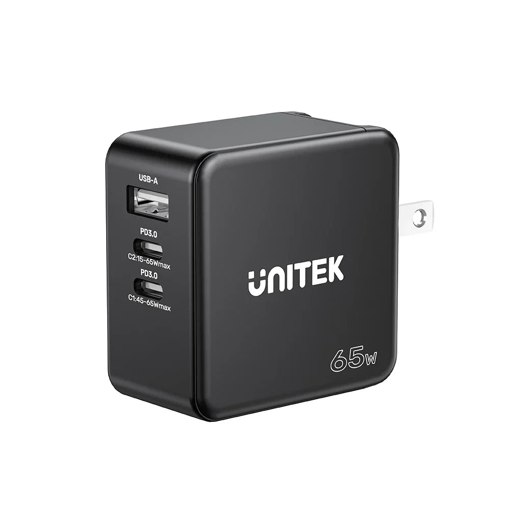 UNITEK 65W GaN Travel Charger Dual USB-C PD + USB-A QC 3.0