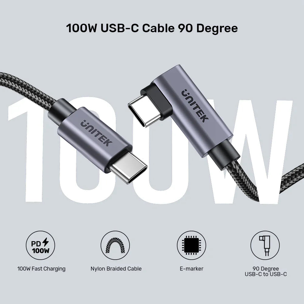 UNITEK C14123BK 100W 90° USB-C to USB-C Charging Cable
