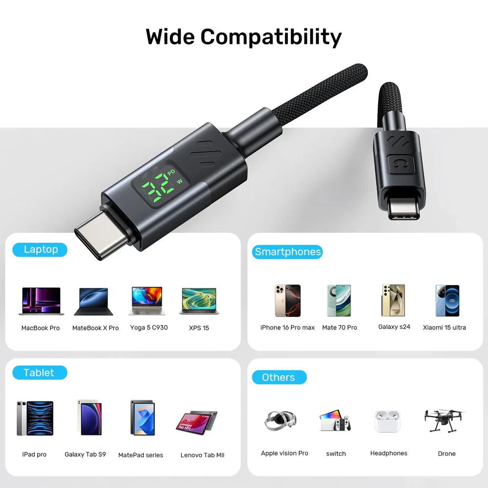 UNITEK C14158ABK PD 60W USB-C to USB-C Charging Cable with LED Display