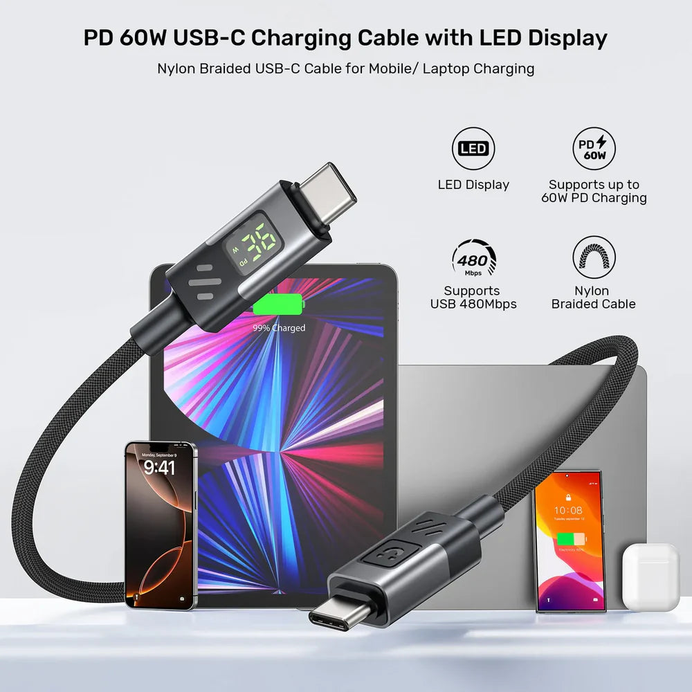 UNITEK C14158ABK PD 60W USB-C to USB-C Charging Cable with LED Display