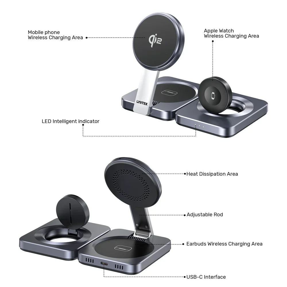 Unitek Qi2 Foldable 3-in-1 Wireless Charging Station