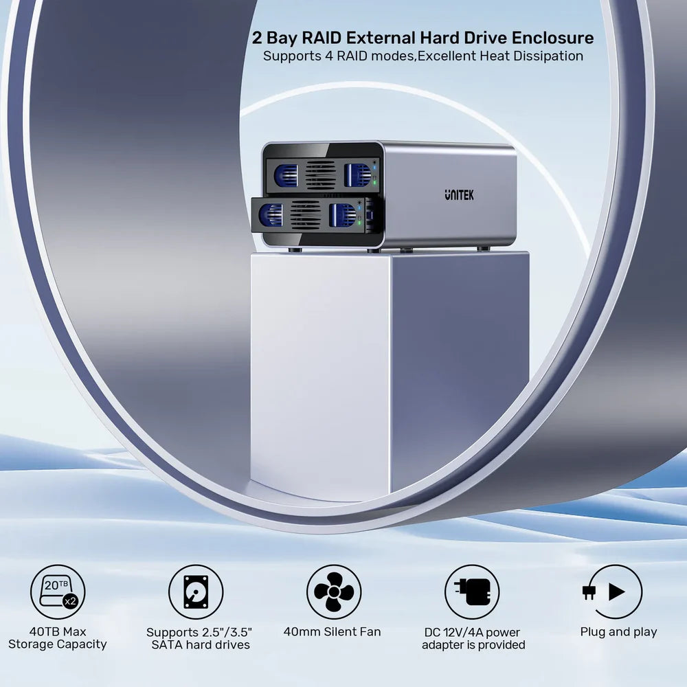 UNITEK S1308C 2-Bay USB-C RAID External Hard Drive Enclosure