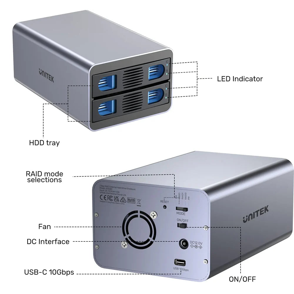 UNITEK S1308C 2-Bay USB-C RAID External Hard Drive Enclosure