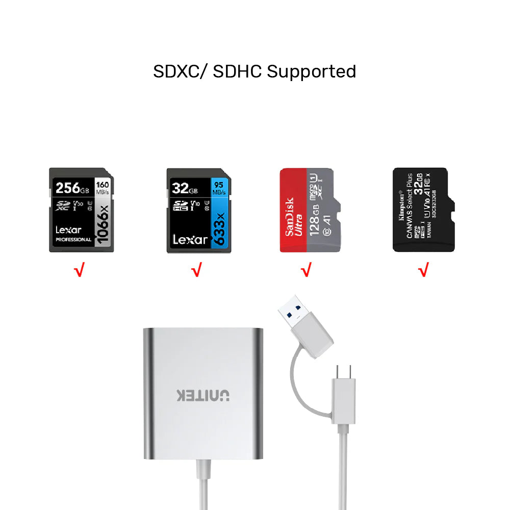 UNITEK Y-9313D 3-Port USB 3.0 Memory Card Reader with USB-C Adapter
