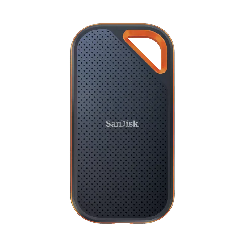 SanDisk Extreme PRO external SSD front angled view with rugged design