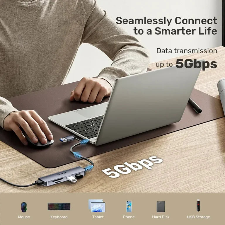 UNITEK H1320A UHUB P5+ 5 In 1 USB Type-A/C 5Gbps SD And Micro SD Card Reader