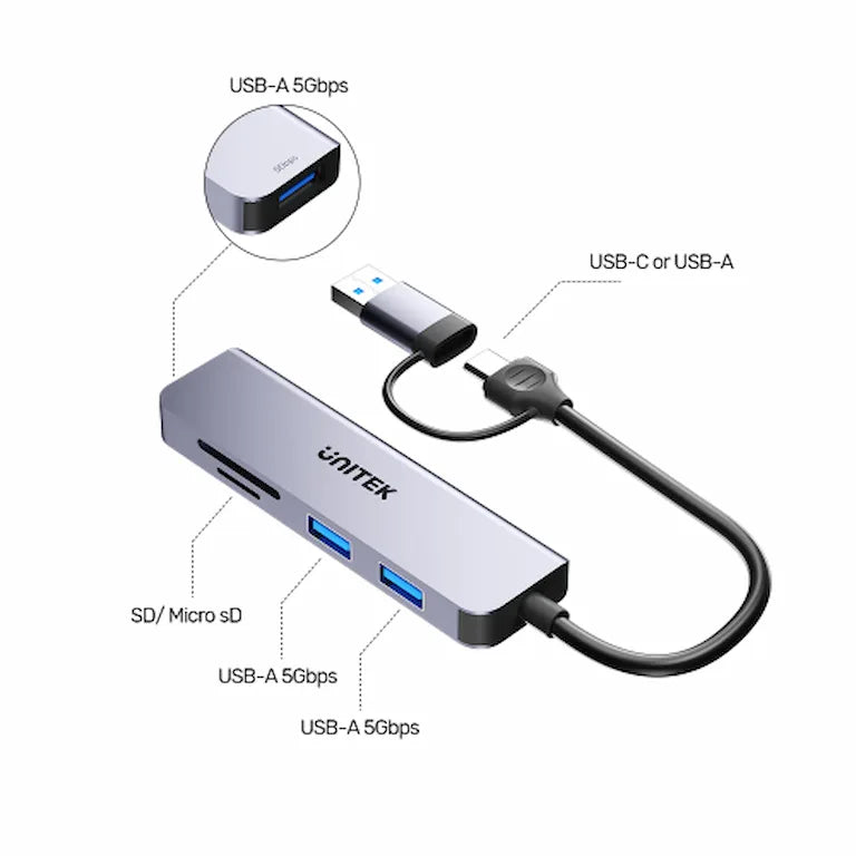 UNITEK H1320A UHUB P5+ 5 In 1 USB Type-A/C 5Gbps SD And Micro SD Card Reader
