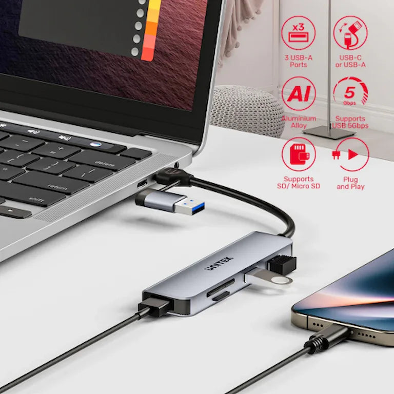 UNITEK H1320A UHUB P5+ 5 In 1 USB Type-A/C 5Gbps SD And Micro SD Card Reader