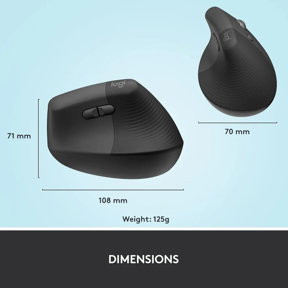 Logitech Lift Vertical Ergonomic Wireless + Bluetooth Mouse