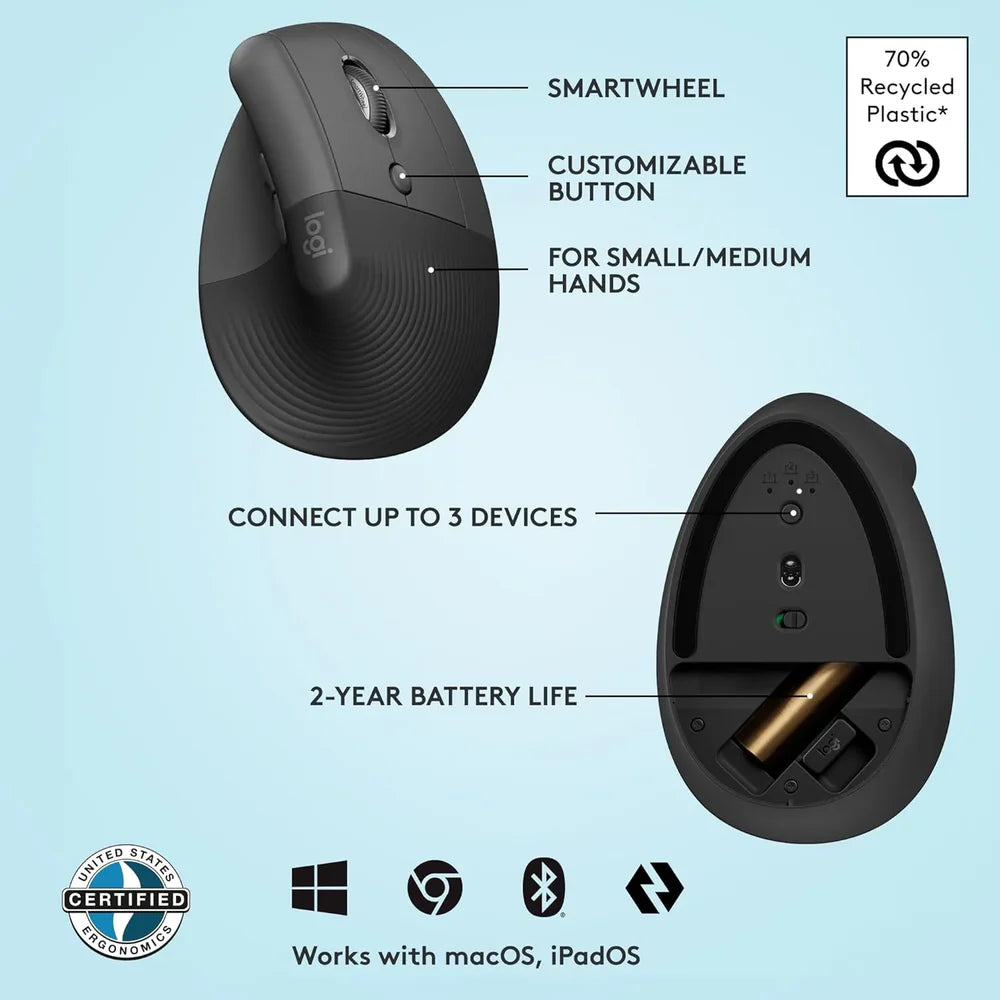 Logitech Lift Vertical Ergonomic Wireless + Bluetooth Mouse