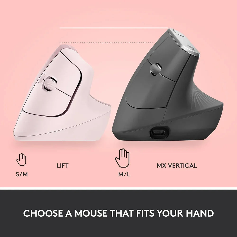 Logitech Lift Vertical Ergonomic Wireless + Bluetooth Mouse