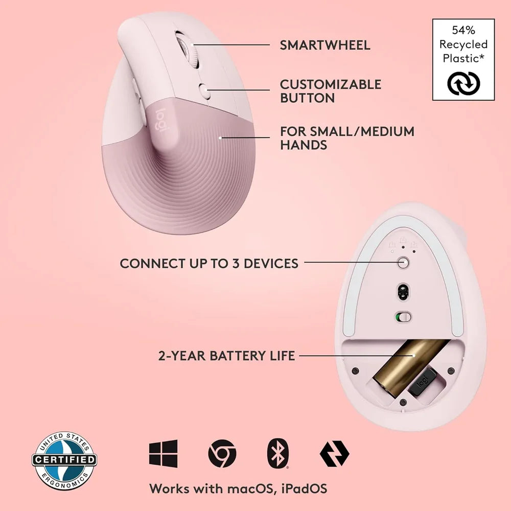 Logitech Lift Vertical Ergonomic Wireless + Bluetooth Mouse