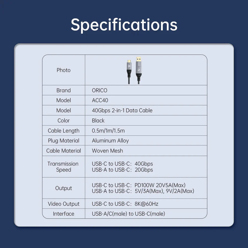 ORICO ACC40-15 USB-C 2-in-1 40Gbps Data Cable