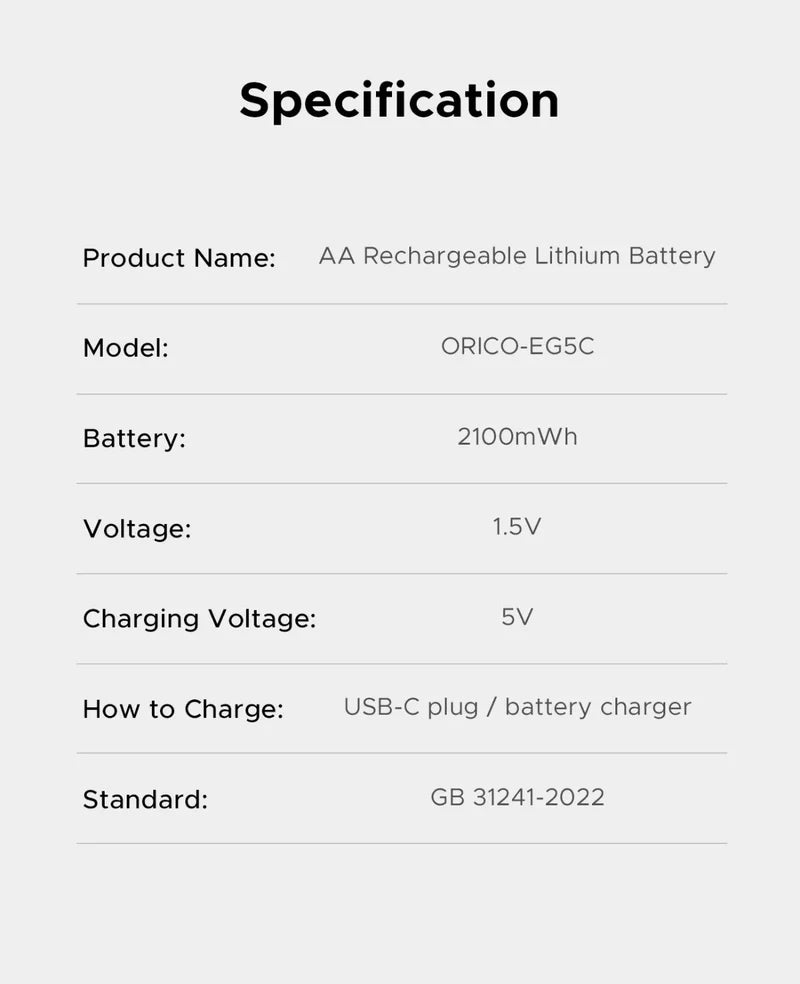 ORICO EG5C Ener-G 1.5V Li-ion AA Rechargeable Batteries 4-Pack