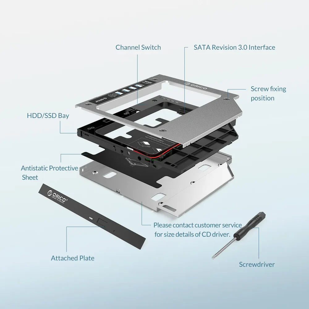 ORICO M95SS 9.5mm SATA HDD/SSD Caddy for Laptop Optical Bay