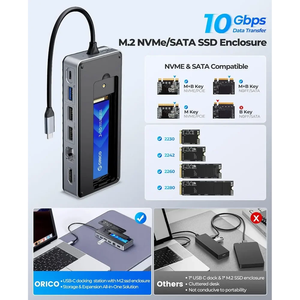 ORICO OM28PR-G2 8-in-1 USB-C Docking Station with M.2 NVMe/SATA Enclosure