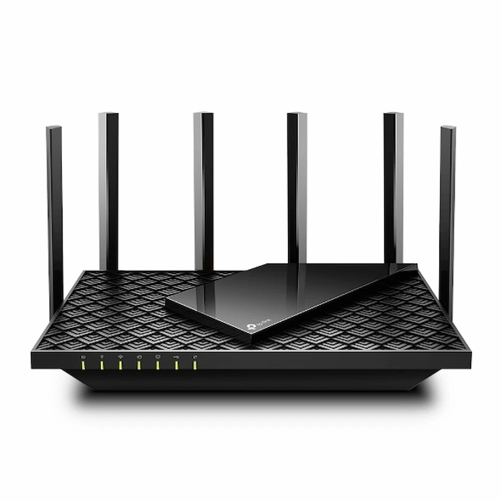 TP-Link Archer AX73 Wi-Fi 6 router front view with six external antennas