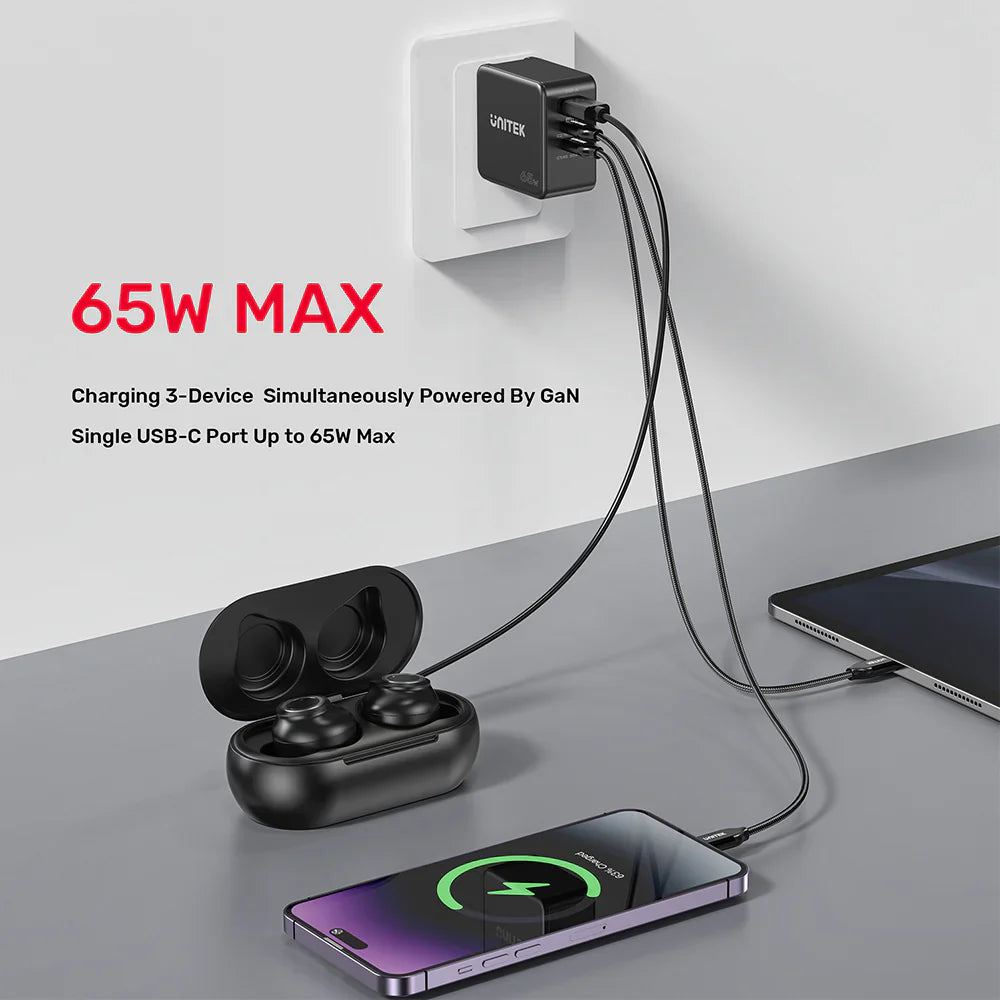 UNITEK 65W GaN Travel Charger Dual USB-C PD + USB-A QC 3.0