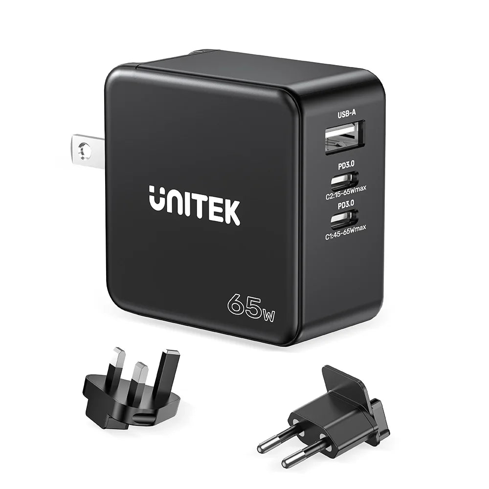 UNITEK 65W GaN Travel Charger Dual USB-C PD + USB-A QC 3.0