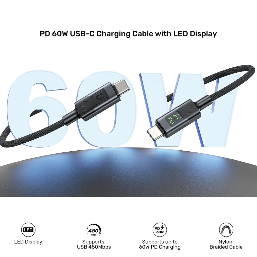 UNITEK C14158ABK PD 60W USB-C to USB-C Charging Cable with LED Display