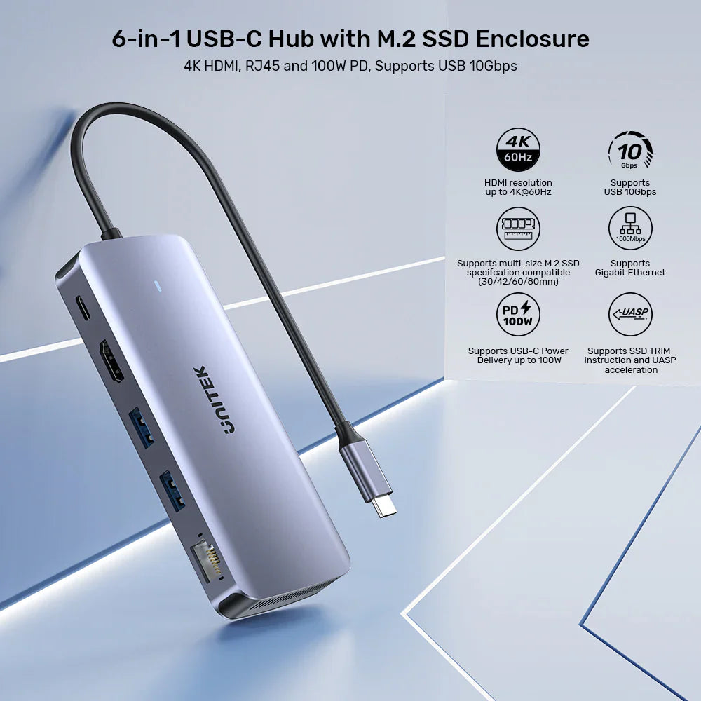 UNITEK D1120A01 6-in-1 USB-C Hub with M.2 SSD Enclosure