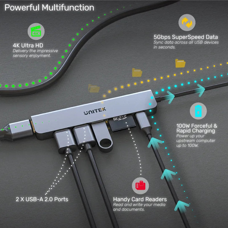 UNITEK H1118A uHUB S7+ 7-in-1 USB-C 5Gbps Hub with 4K HDMI and 100W