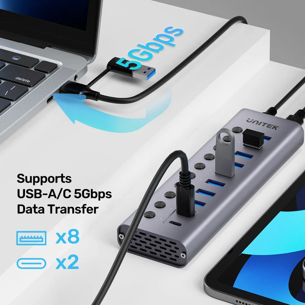 UNITEK H1315B 10-Port USB 5Gbps Hub with Individual Switches