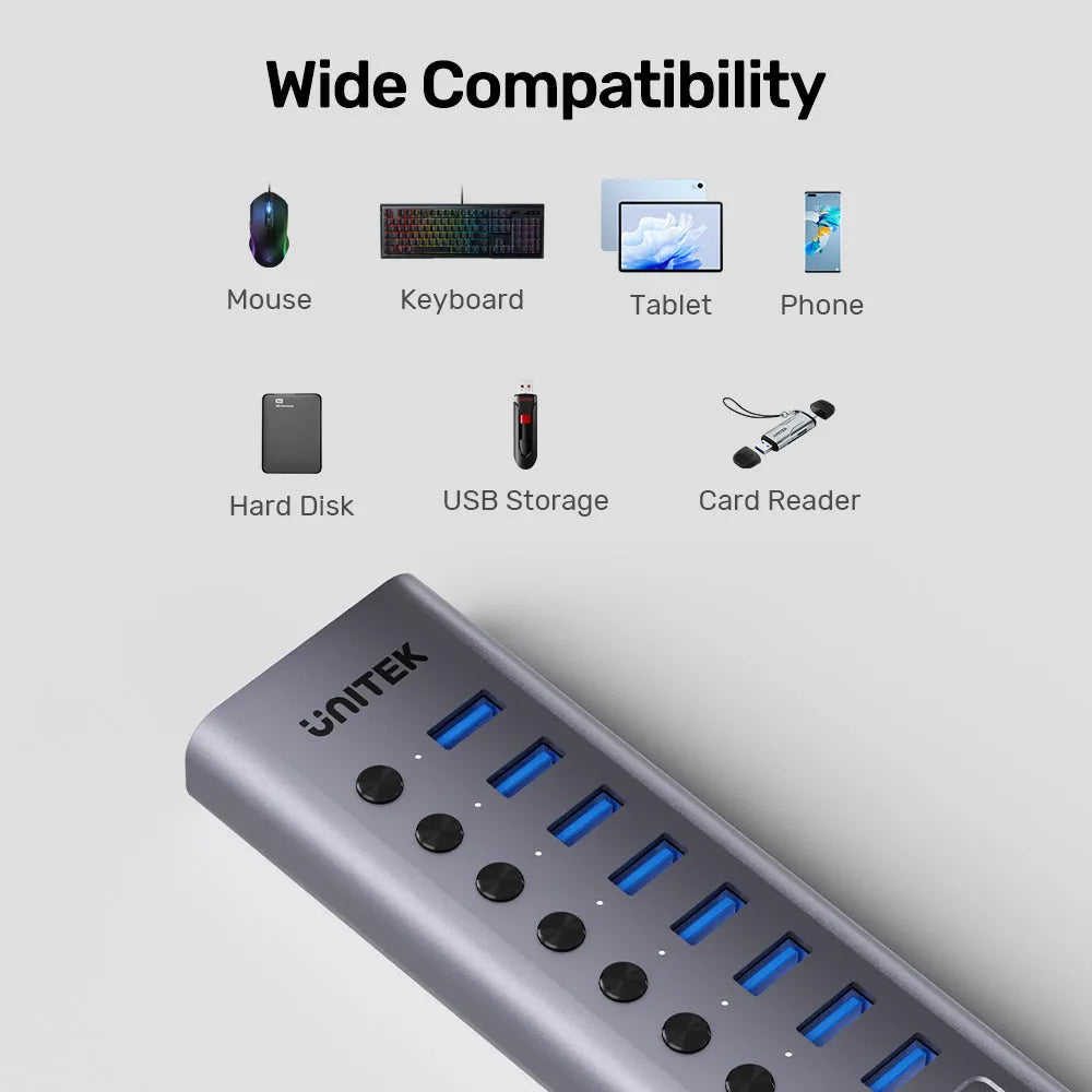 UNITEK H1315B 10-Port USB 5Gbps Hub with Individual Switches