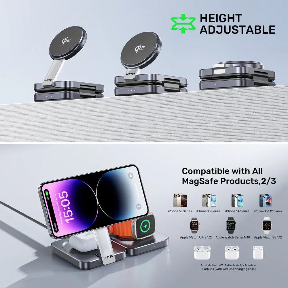 Unitek Qi2 Foldable 3-in-1 Wireless Charging Station