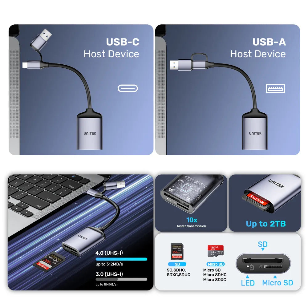 UNITEK R1018E01 2-in-1 USB-C/A SD4.0 Card Reader