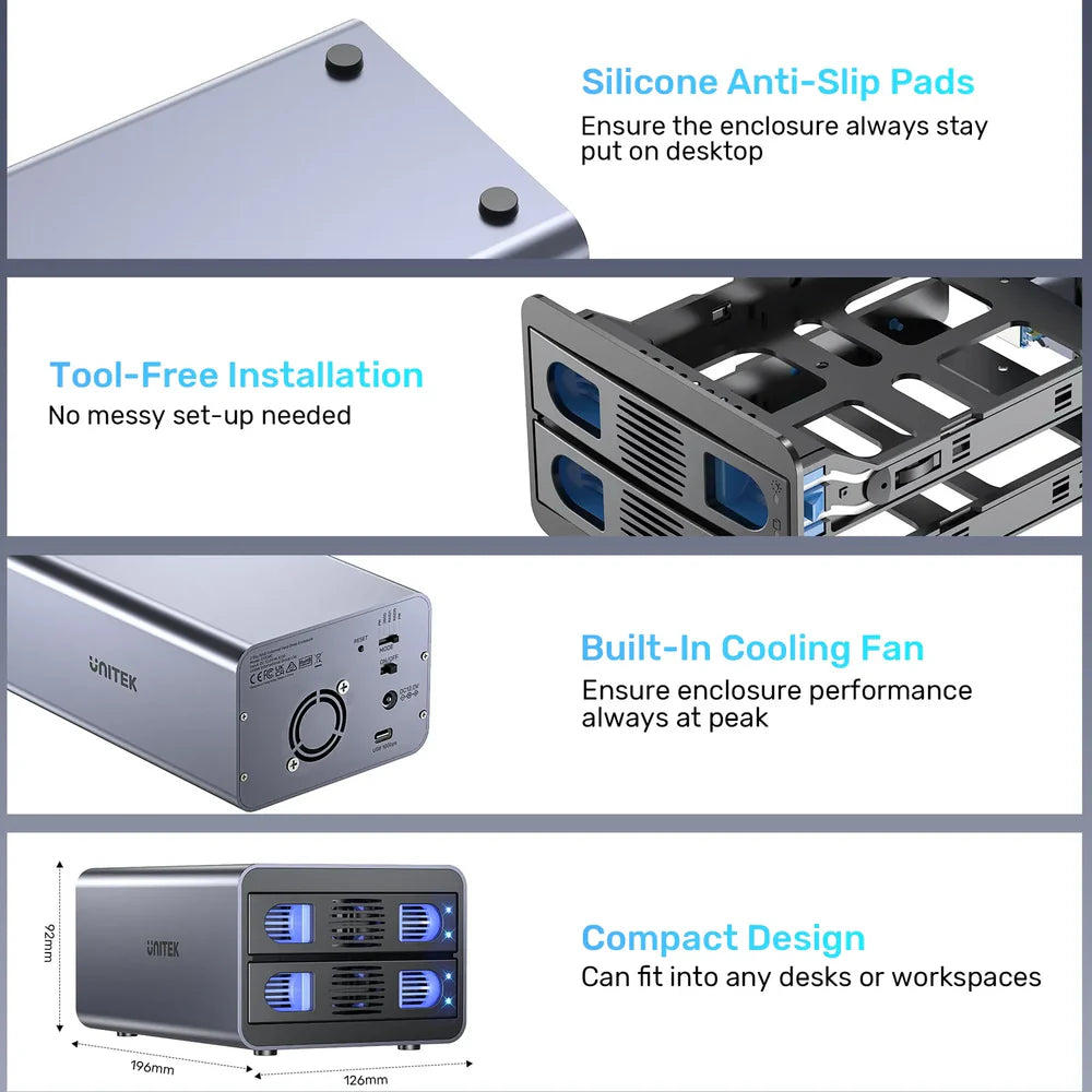 UNITEK S1308C 2-Bay USB-C RAID External Hard Drive Enclosure