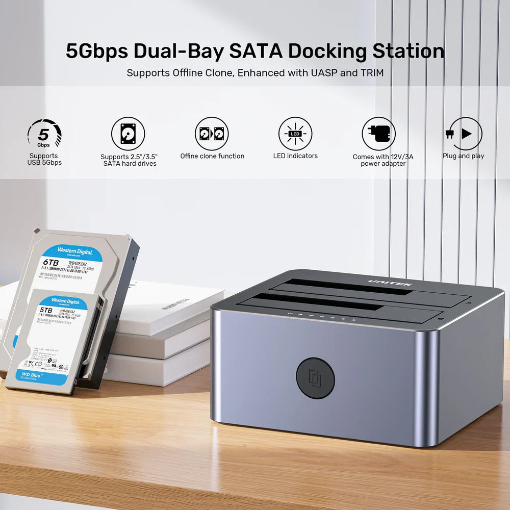 UNITEK Y-3026GY 5Gbps Dual-Bay SATA HDD/SSD Docking Station with Offline Clone