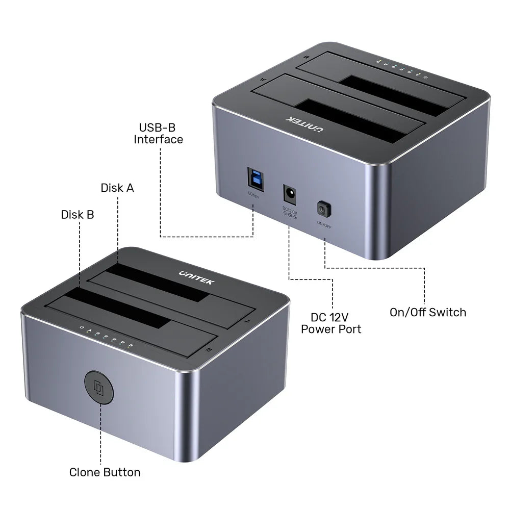 UNITEK Y-3026GY 5Gbps Dual-Bay SATA HDD/SSD Docking Station with Offline Clone