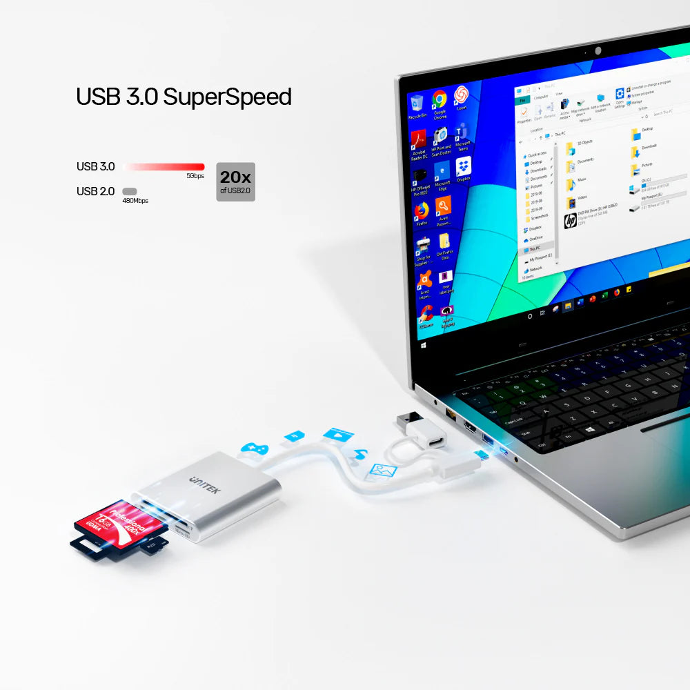 UNITEK Y-9313D 3-Port USB 3.0 Memory Card Reader with USB-C Adapter