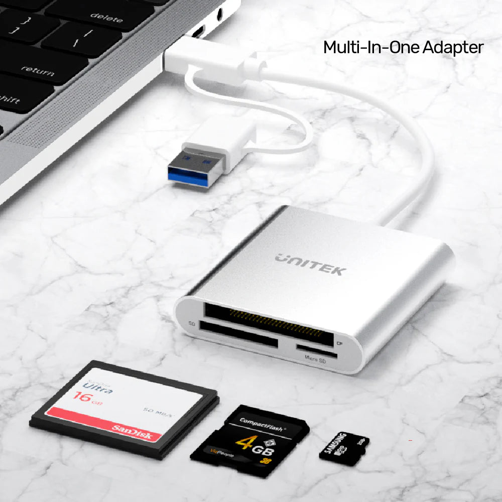 UNITEK Y-9313D 3-Port USB 3.0 Memory Card Reader with USB-C Adapter